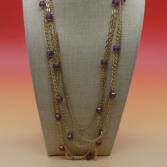 Vintage Multi-Strand Necklace Layered Etruscan Revival Gold-tone Purple Beads - Picture 3 of 7